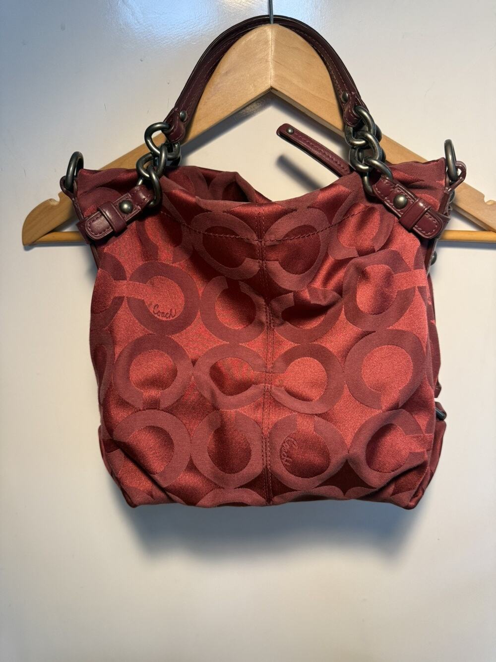 Coach Women's Signature C Optic Shoulder Bag Medium Red Satin Hobo Satchel 14147